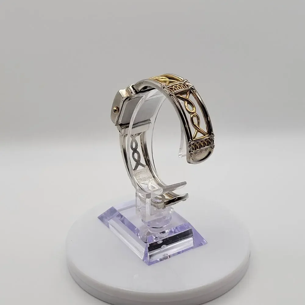 Vivani Women's Bangle Watch Two Tone Silver Gold Celtic Filigree Square Dial